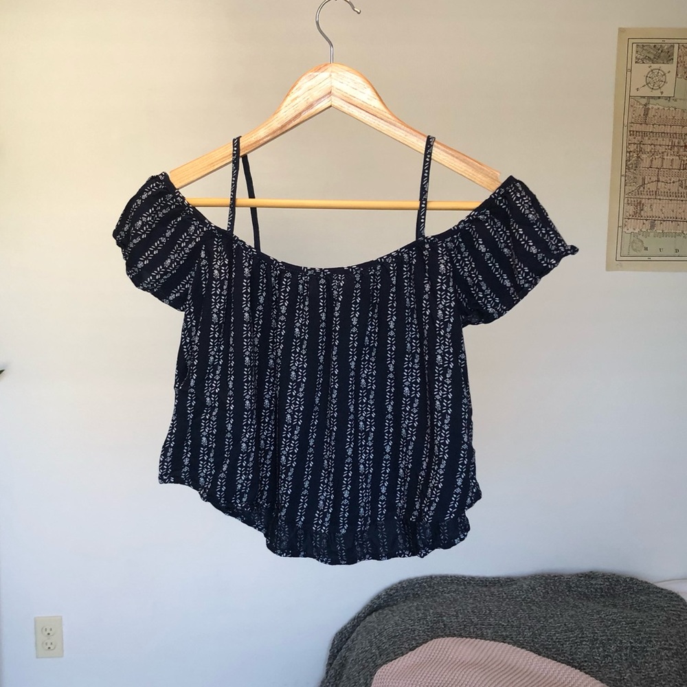 Off the shoulder soft navy blue with stripes crop